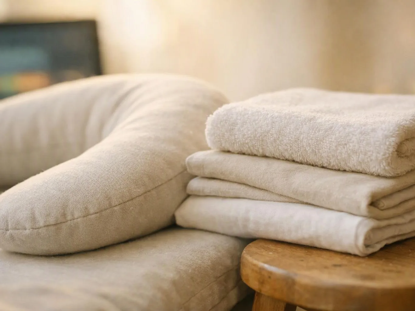 A beige cushioned chair sits beside a small wooden table holding a stack of folded towels