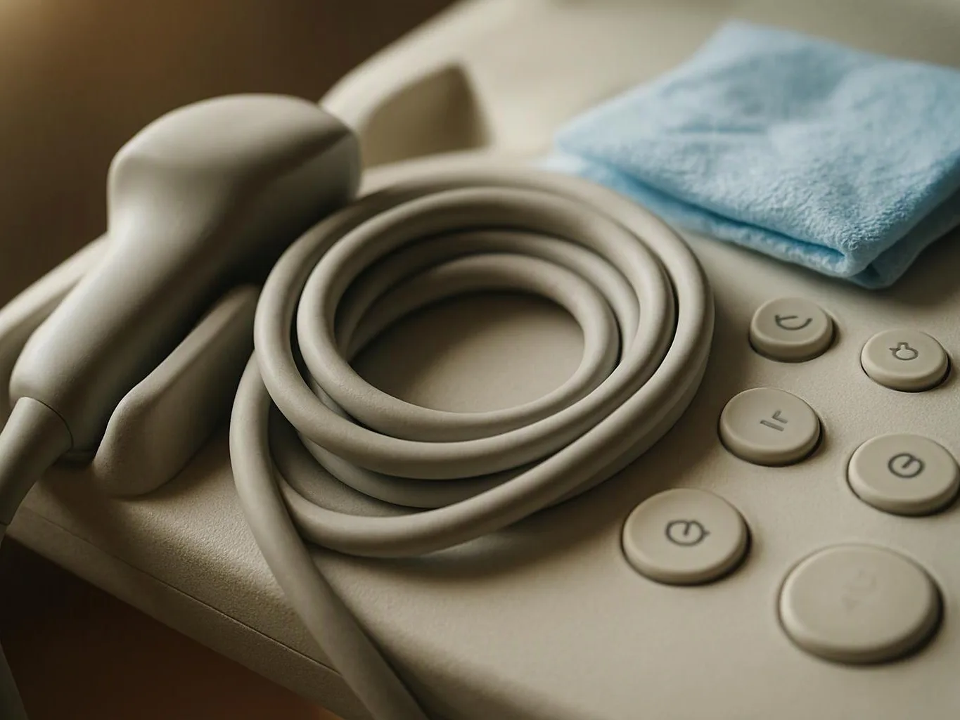 A beige handheld device rests on a table with a coiled cable, round buttons, and a blue cloth nearby