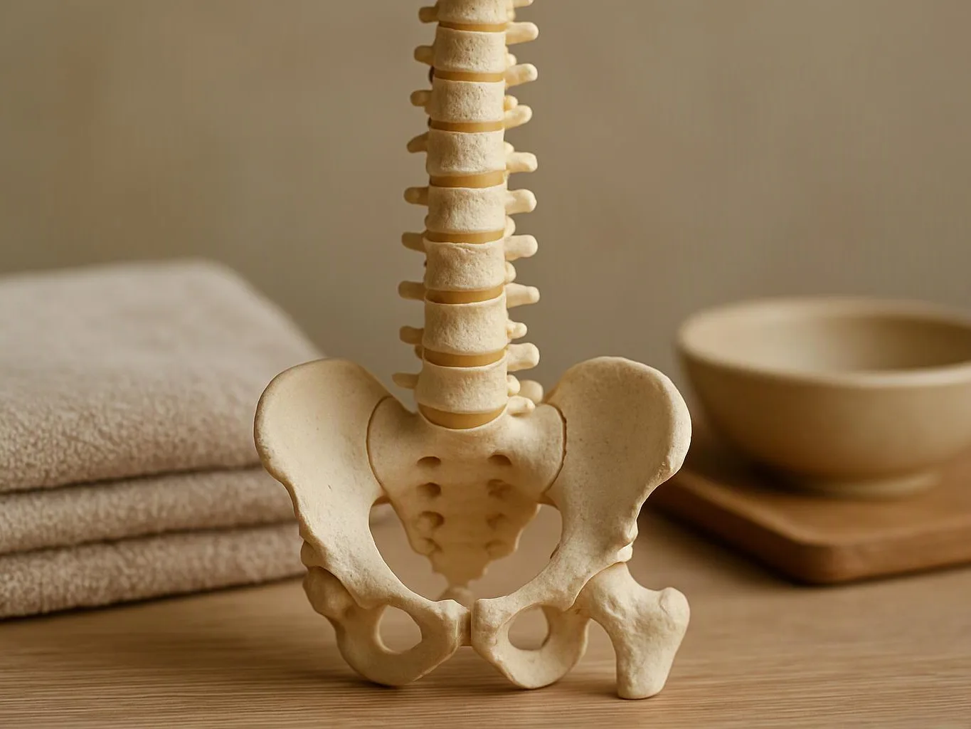 A beige spine and pelvis model sits on a wooden table beside folded towels and a bowl