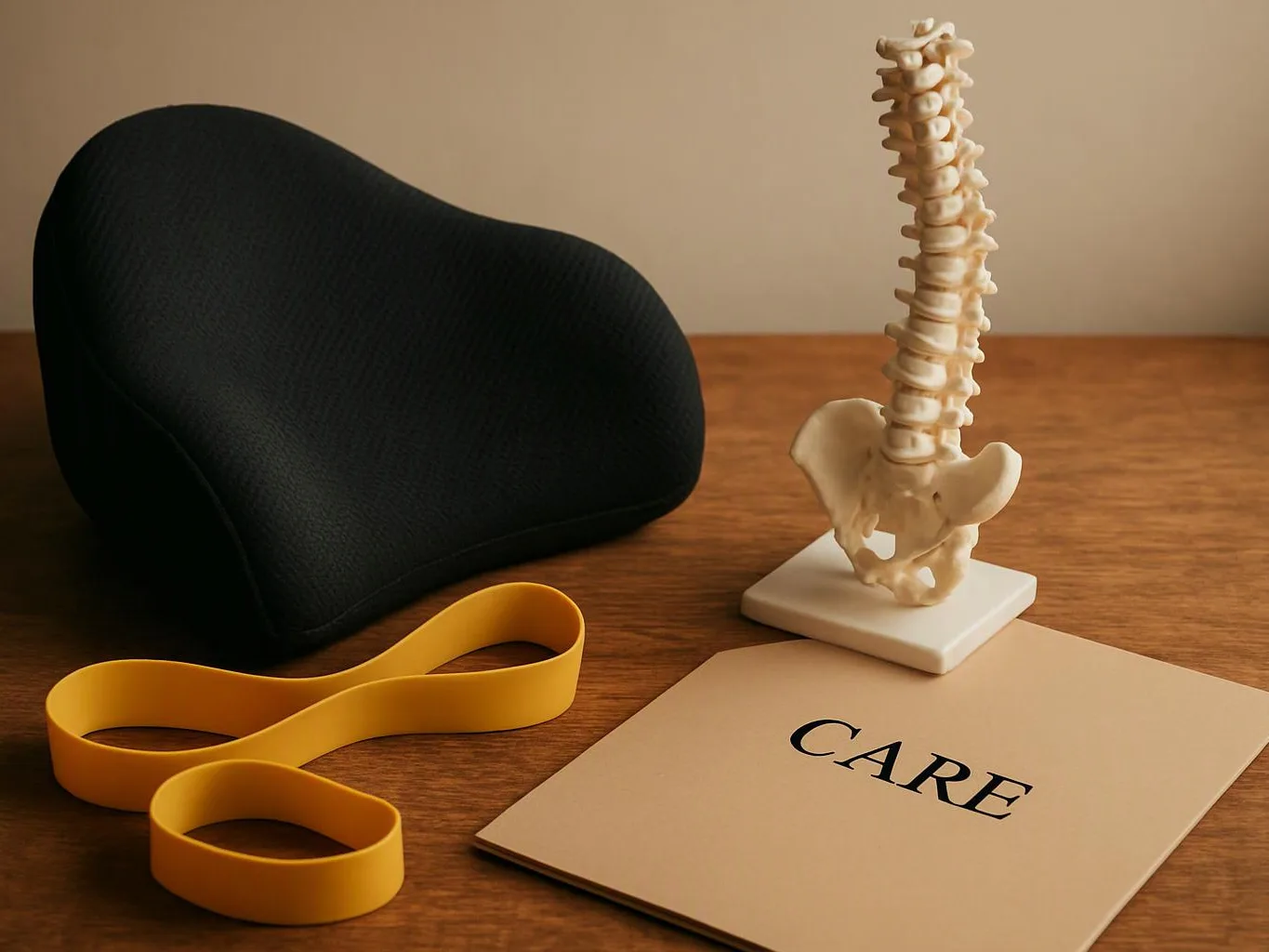 A black back cushion, yellow stretch band, spine model, and card reading “CARE” sit on a wooden table