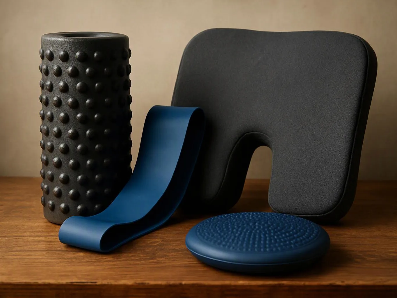 A black textured cylinder, a blue curved strap, a black U-shaped cushion, and a blue round pad sit on a wooden surface