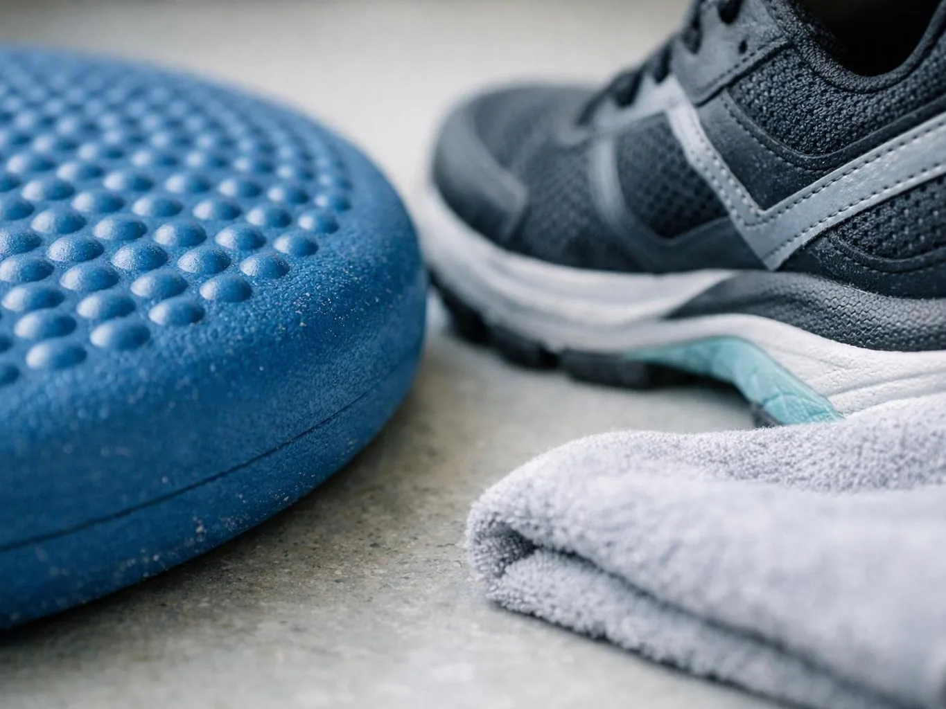 A blue balance cushion sits beside a gray athletic shoe and folded towel on a concrete floor