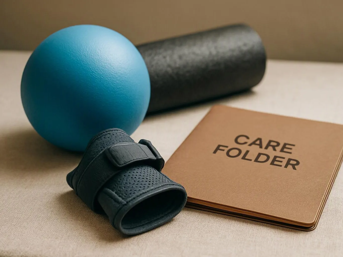 A blue exercise ball, black foam roller, wrist brace, and booklet labeled “CARE FOLDER” sit on a table