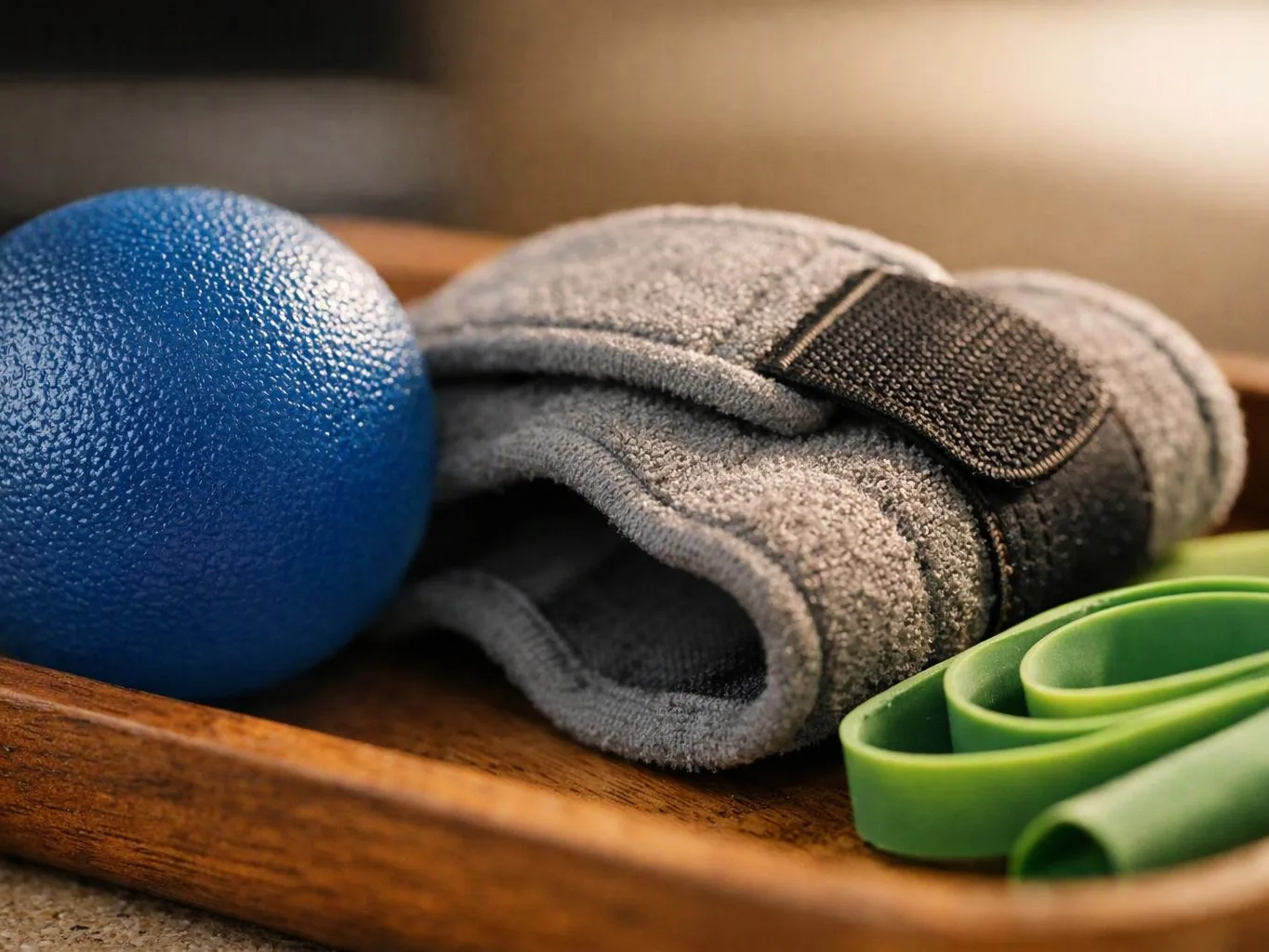 A blue exercise ball, folded gray strap, and green resistance band rest on a wooden tray