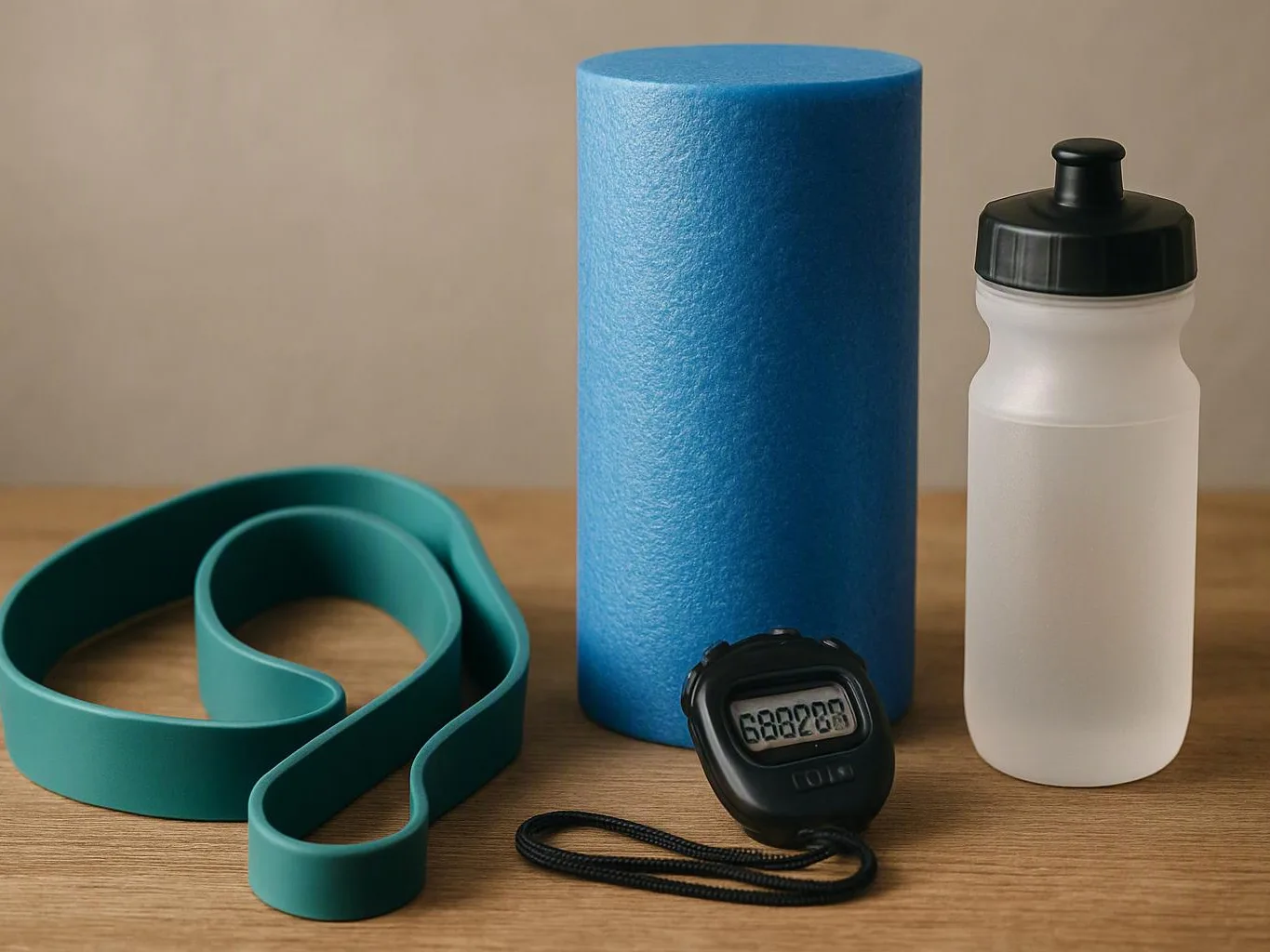 A blue foam roller, teal resistance band, stopwatch, and white water bottle sit on a wooden surface against a plain wall