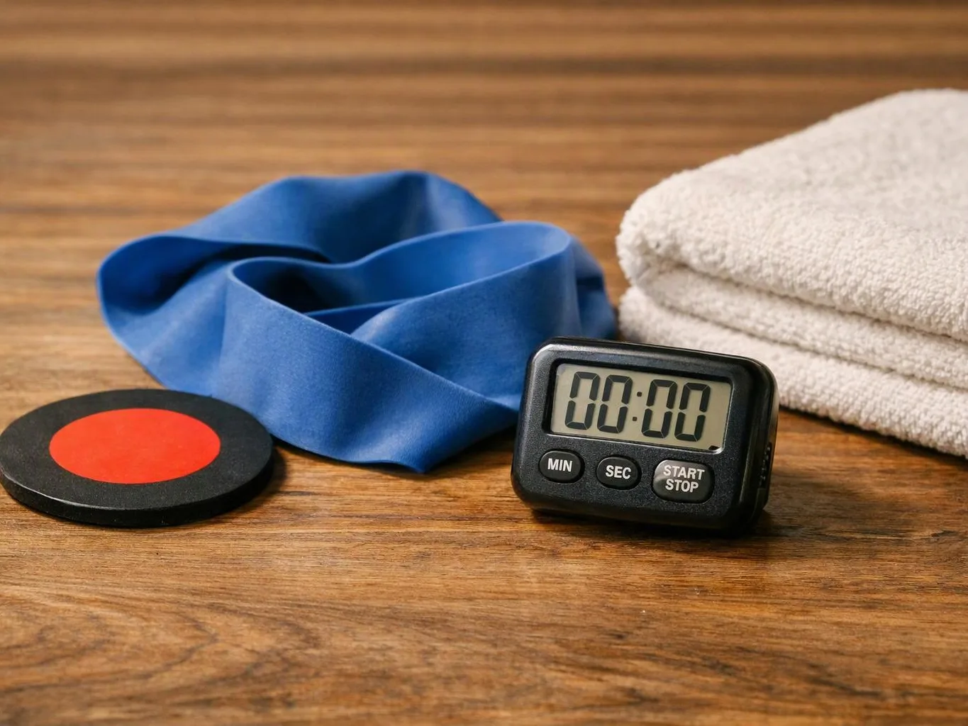 A blue resistance band, stopwatch, folded towel, and round target marker rest on a wooden surface