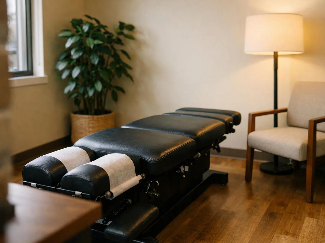 A chiropractic table sits in a quiet room beside a lamp, chair, and potted plant