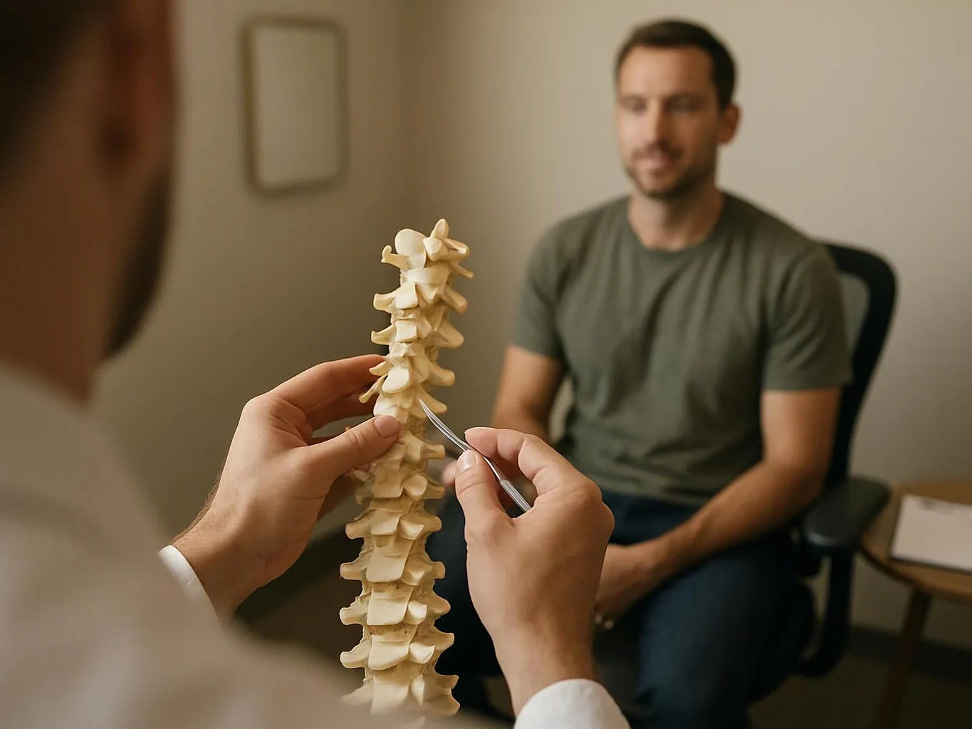 A clinician holds a spine model and points to it while speaking with a seated man in an exam room