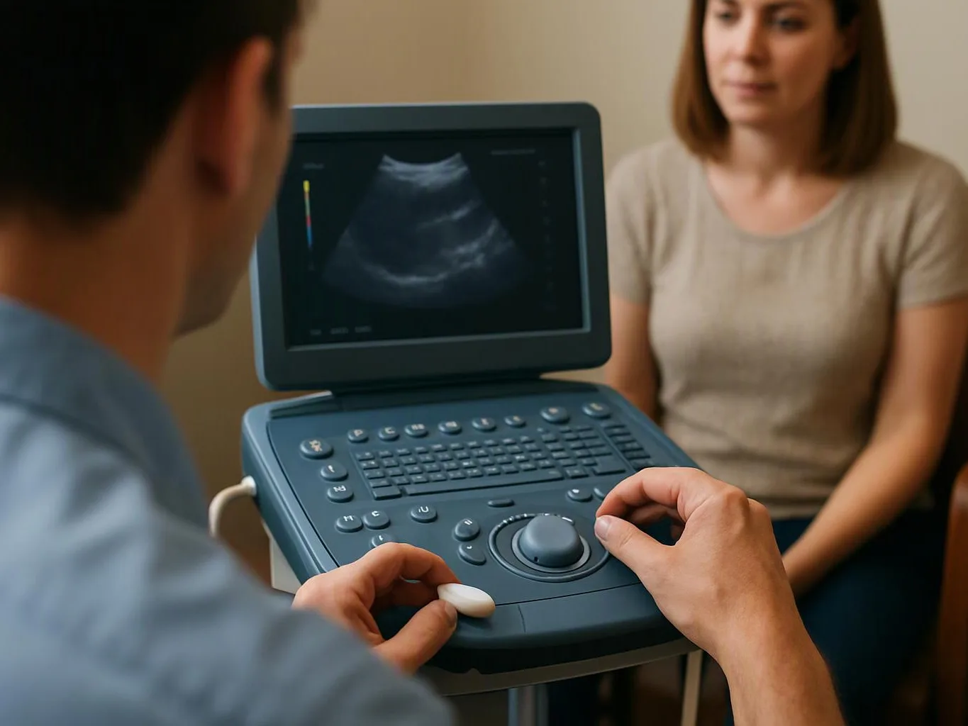 A clinician operates an ultrasound machine while a seated woman waits in a clinic room