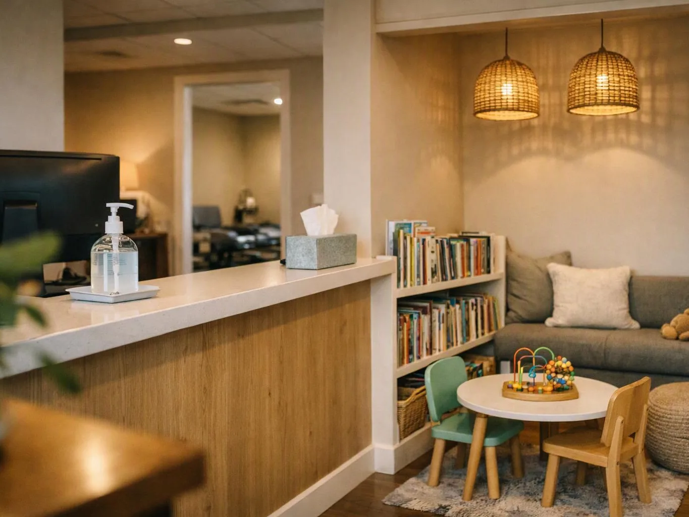 A cozy waiting room has bookshelves, a small kids table with toys, a gray couch, and warm hanging lamps