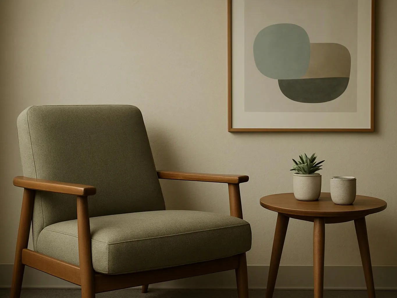A cushioned armchair sits beside a small round table with a plant, beneath framed abstract wall art in a calm room