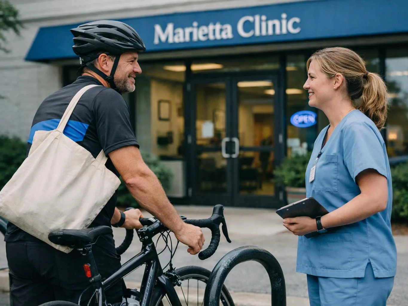 A cyclist talks with a smiling nurse outside a clinic entrance while holding a tablet and bike
