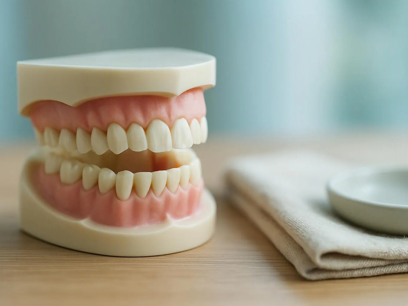 A dental model with open jaws sits on a wooden table beside a folded cloth and shallow dish
