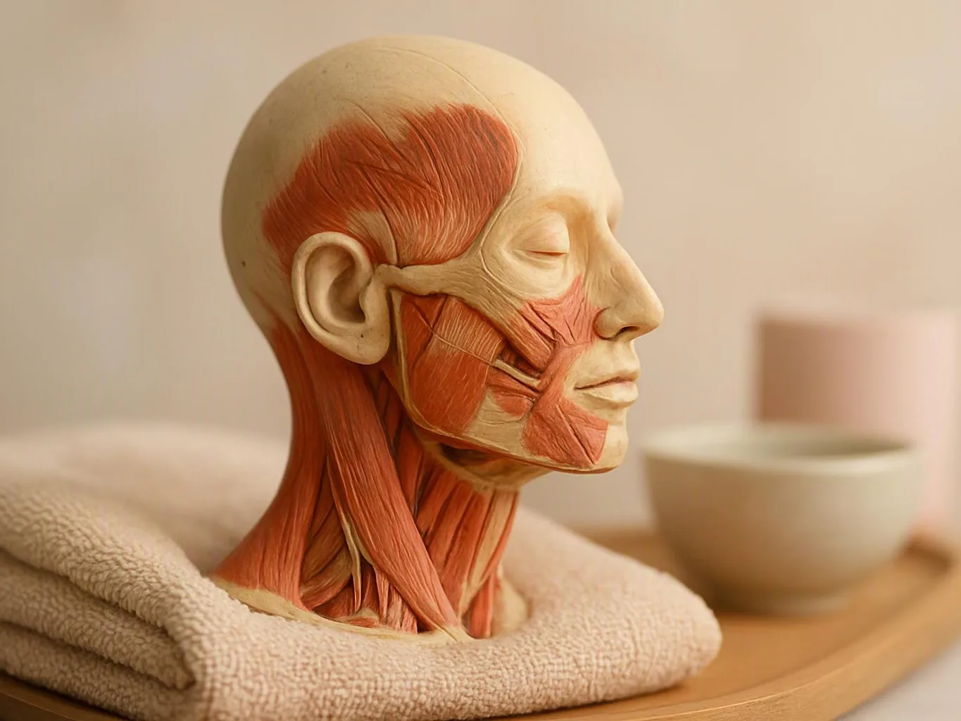 A detailed anatomical head model rests on a folded towel beside a small bowl on a wooden surface