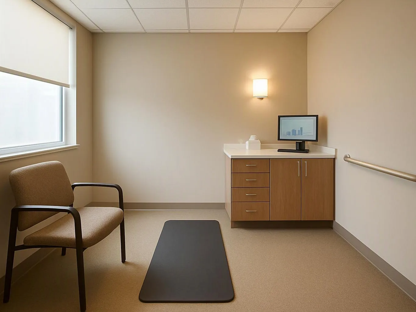 Empty beige clinic room with a chair, wall cabinet, monitor, window, and black exercise mat
