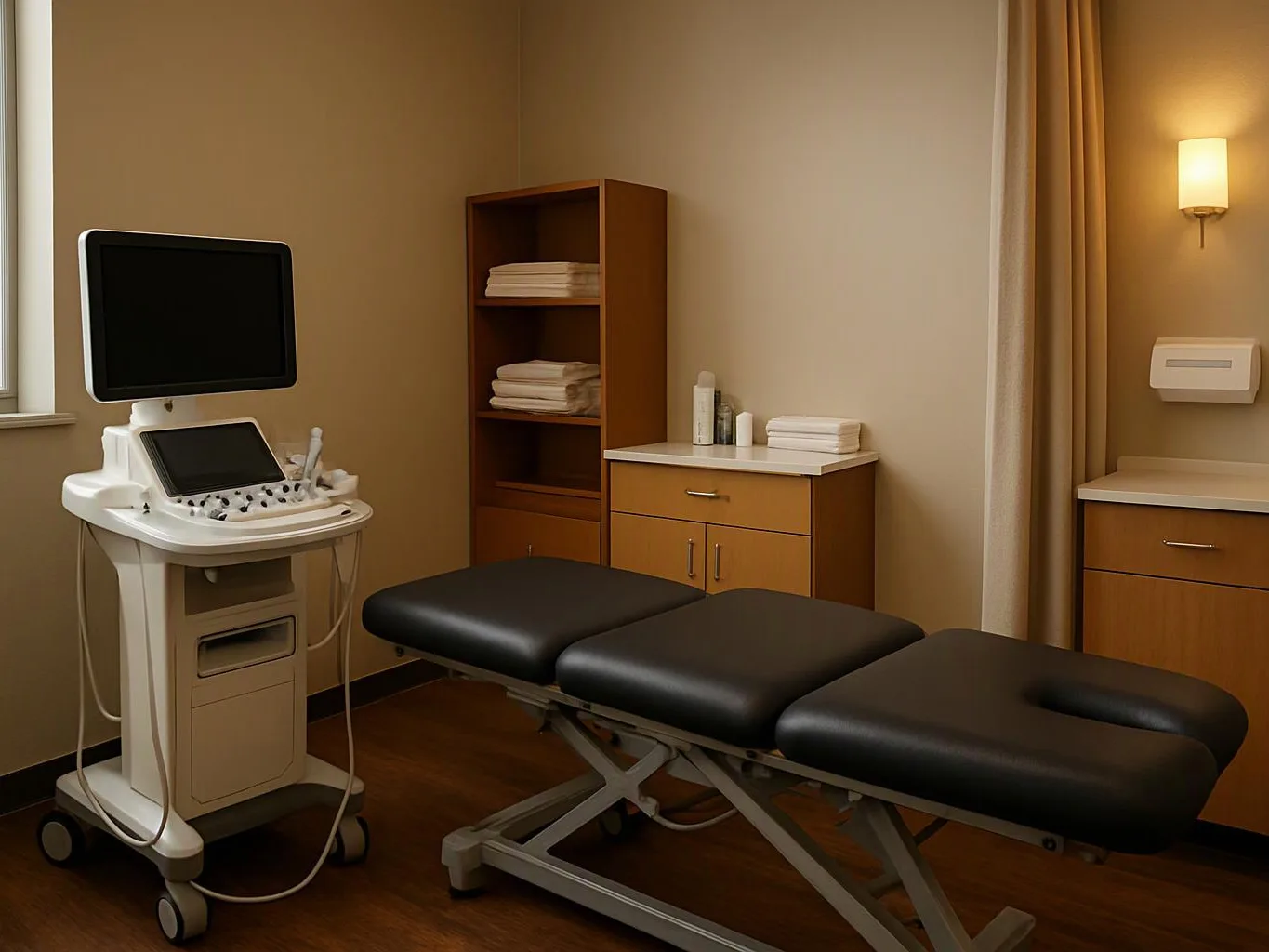 An empty treatment room holds an exam table, ultrasound machine, cabinets, and folded towels