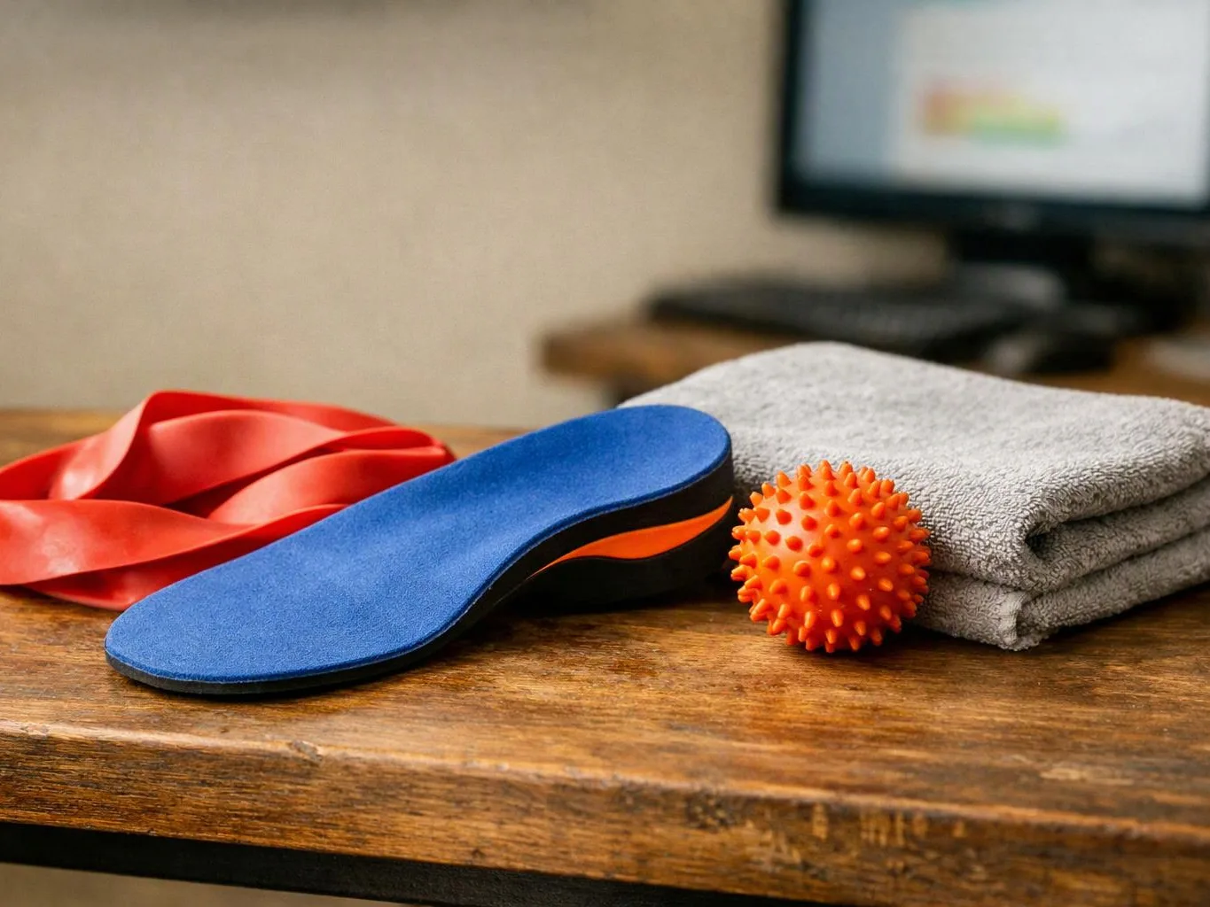 Exercise bands, shoe insoles, a spiky massage ball, and folded towels rest on a wooden table