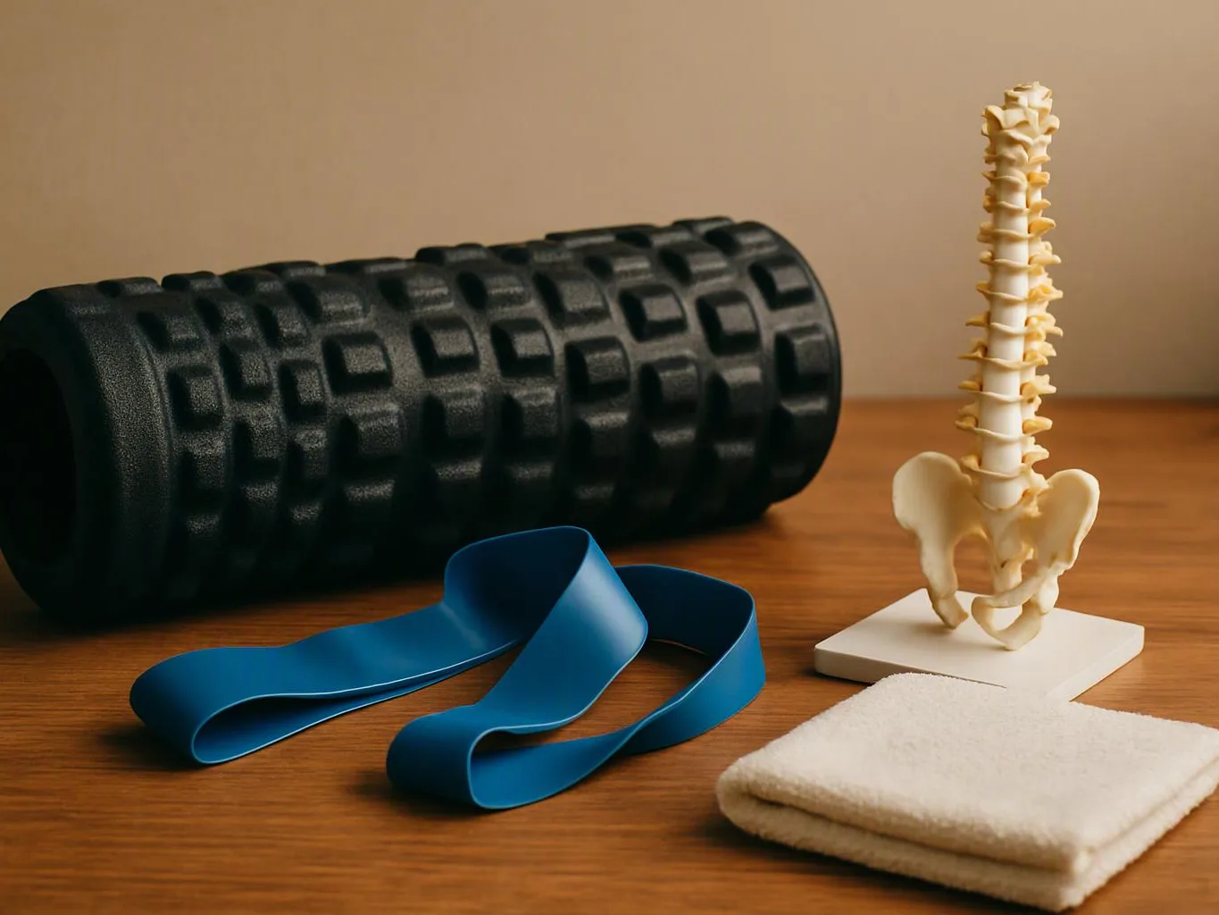 A foam roller, blue exercise band, spine model, and folded towel sit on a wooden table
