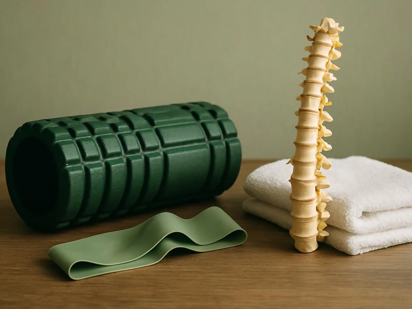 A foam roller, resistance band, spine model, and folded towels sit on a wooden table