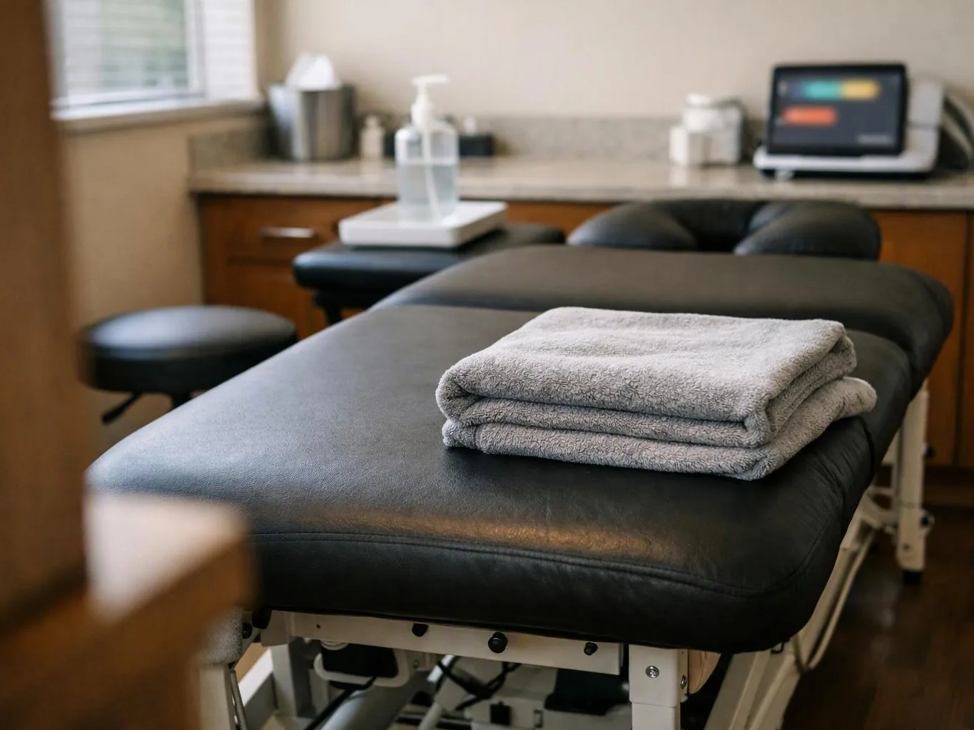 A folded gray towel sits on a black padded exam table in a quiet medical room