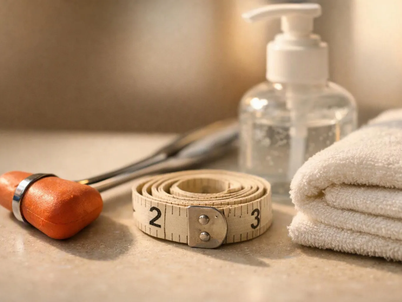A folded measuring tape sits beside a soap bottle, towel, and orange bar of soap on a bathroom counter