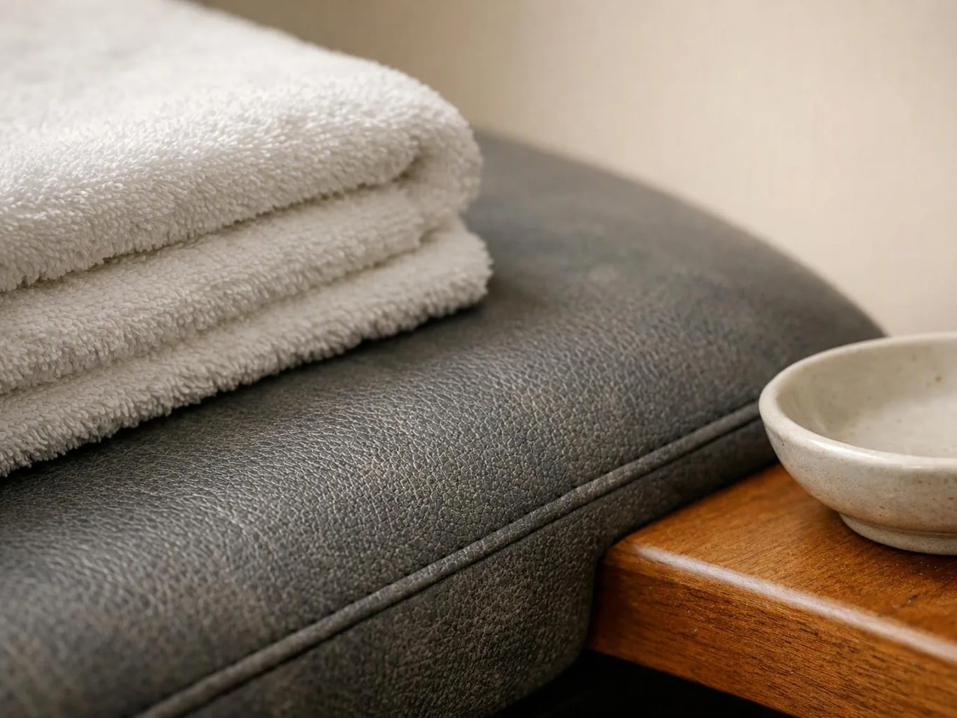 Folded white towels rest on a gray cushion beside a small ceramic bowl on a wooden table
