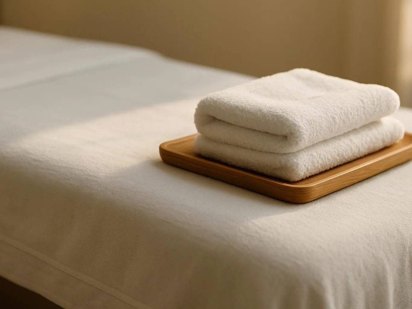 Folded white towels rest on a wooden tray on a neatly made bed in warm light