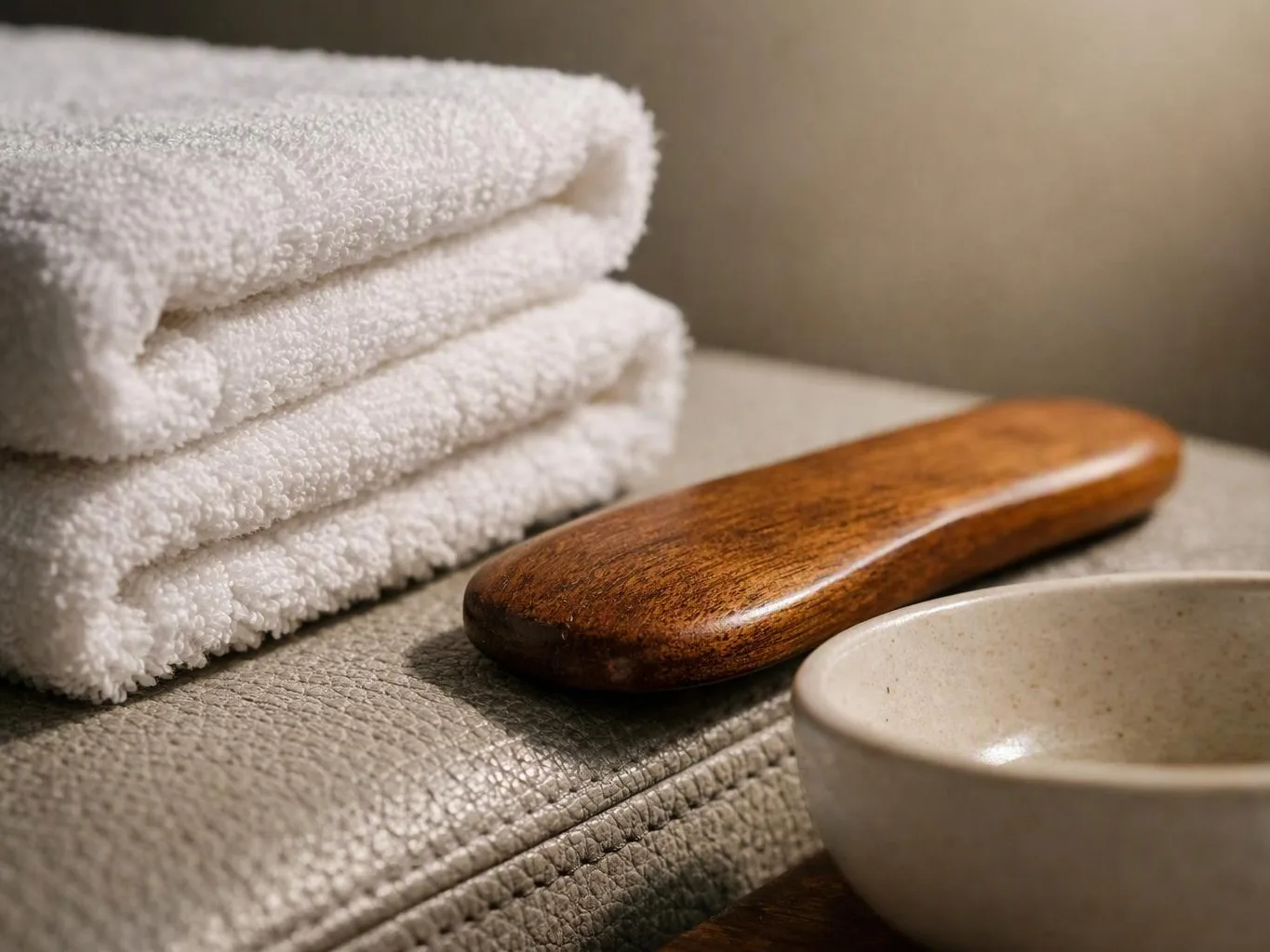 Folded white towels sit beside a wooden massage tool and a small ceramic bowl on a textured surface