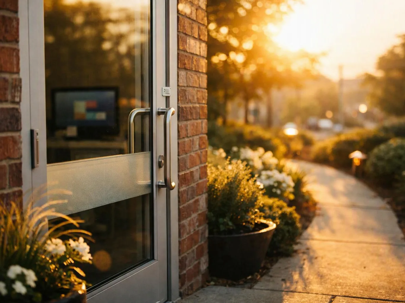 A glass door beside a brick wall opens onto a sunlit walkway lined with potted flowers