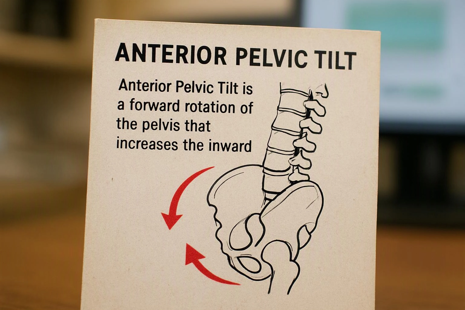 A card shows a pelvis and spine diagram with the heading “ANTERIOR PELVIC TILT” and red curved arrows