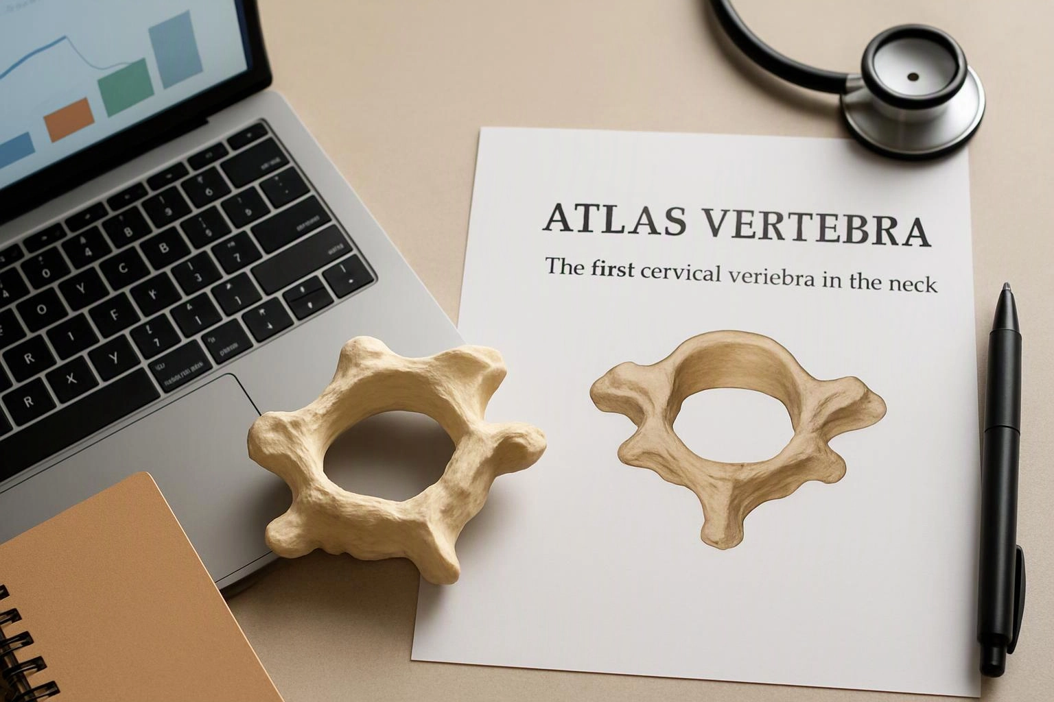 A desk shows a laptop, stethoscope, pen, notebook, and a paper labeled "ATLAS VERTEBRA" with a bone model on top
