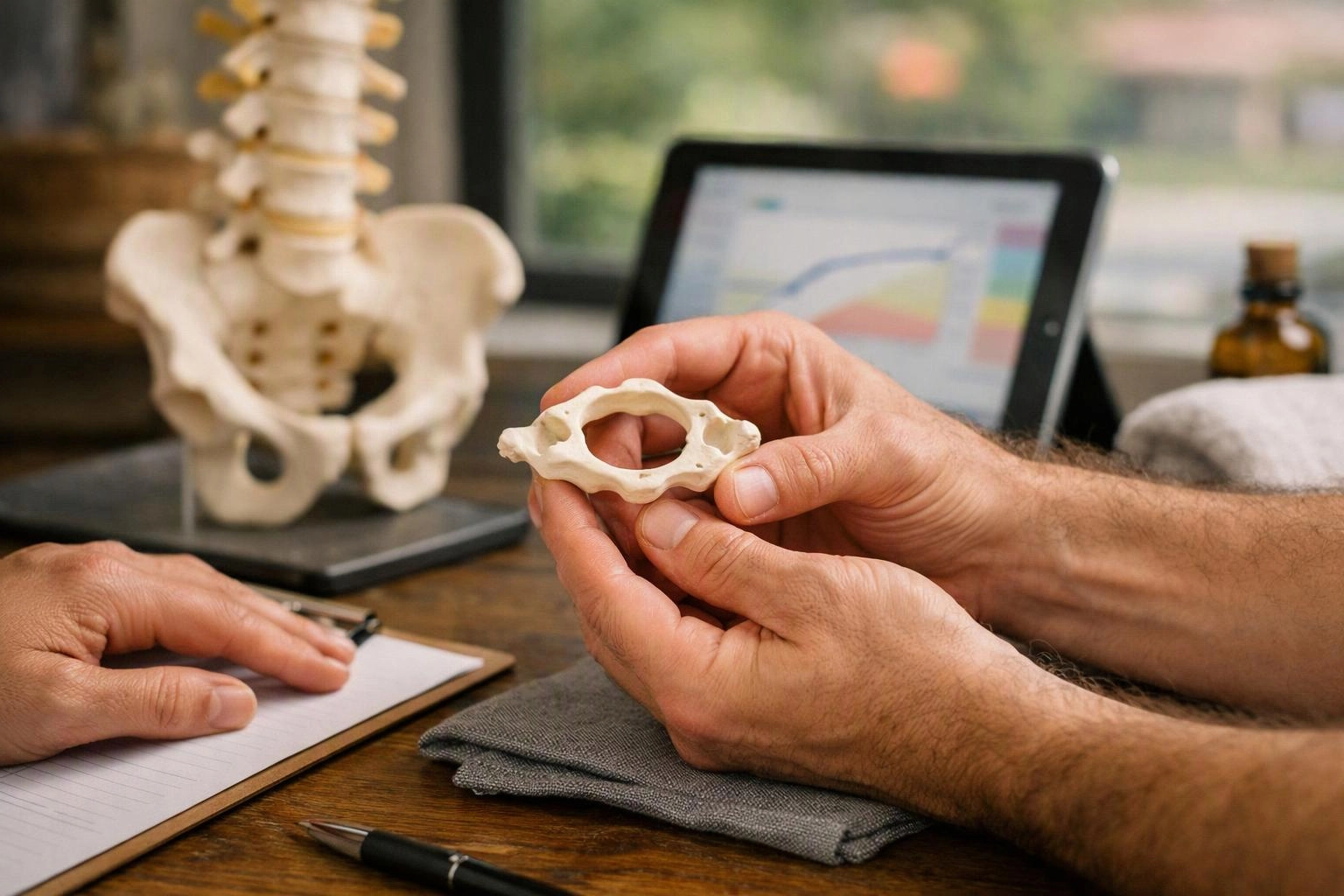 Hands examine a small bone model at a desk with a laptop, notebook, and larger spine model nearby