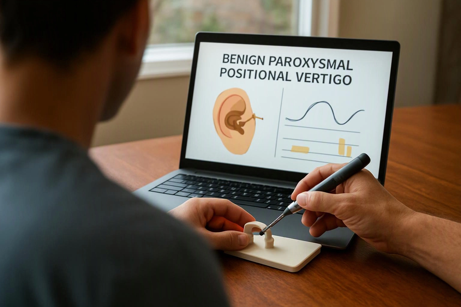A person watches a laptop showing a vertigo diagram while another hand uses a tool on a small model ear on a table
