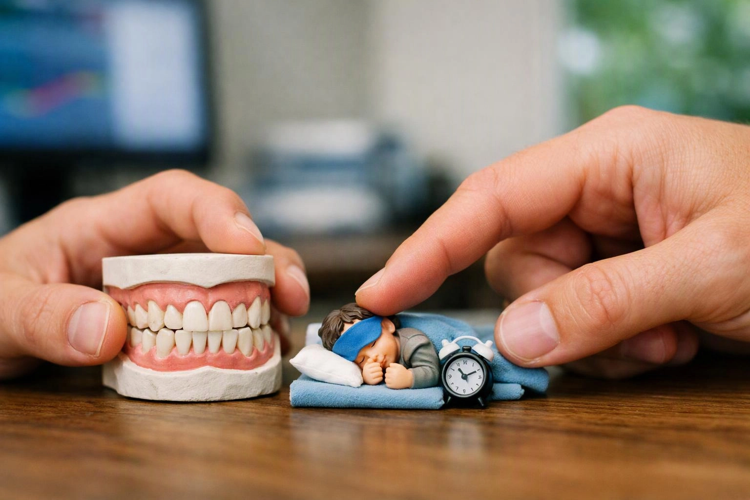 Hands adjust a model jaw and a sleeping figurine with an alarm clock on a wooden table