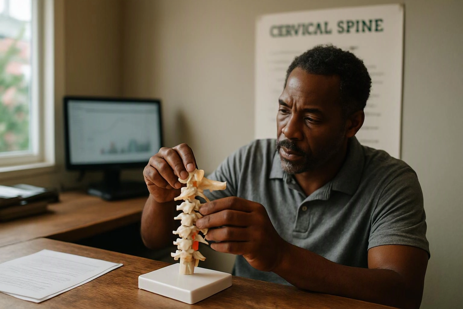 A man studies a spine model at a desk in a clinic office with a cervical spine poster behind him