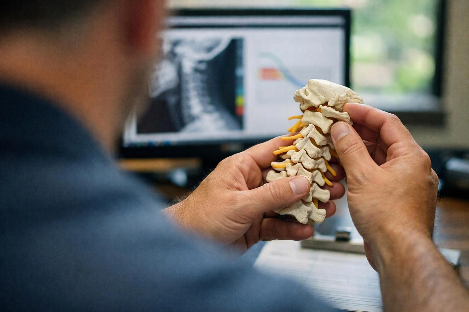A person holds a small spine model while looking at a medical scan on a computer screen