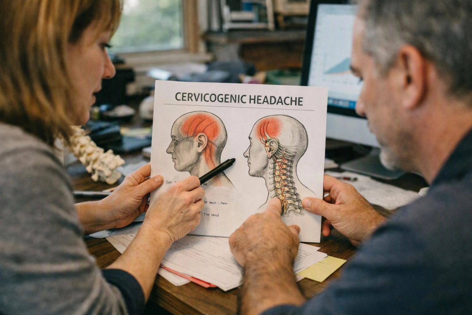 Two people study a medical diagram labeled “CERVICOGENIC HEADACHE” at a desk with a computer in the background
