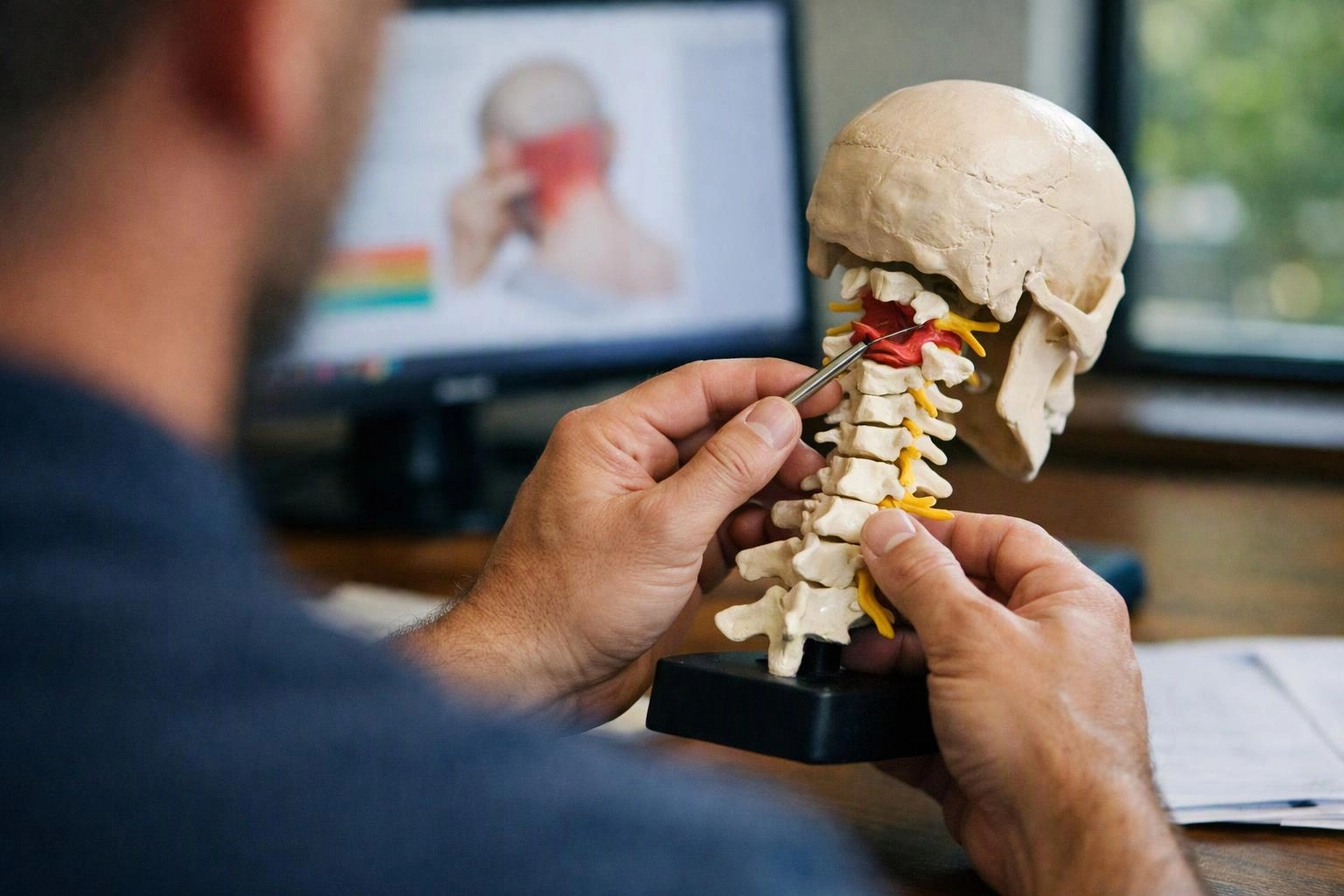 A person uses a tool to point at a skull and neck model on a desk with a blurred computer screen behind it