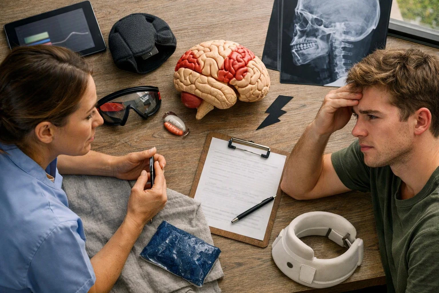 A woman speaks with a worried man beside a desk covered with a brain model, X-ray, goggles, and medical gear
