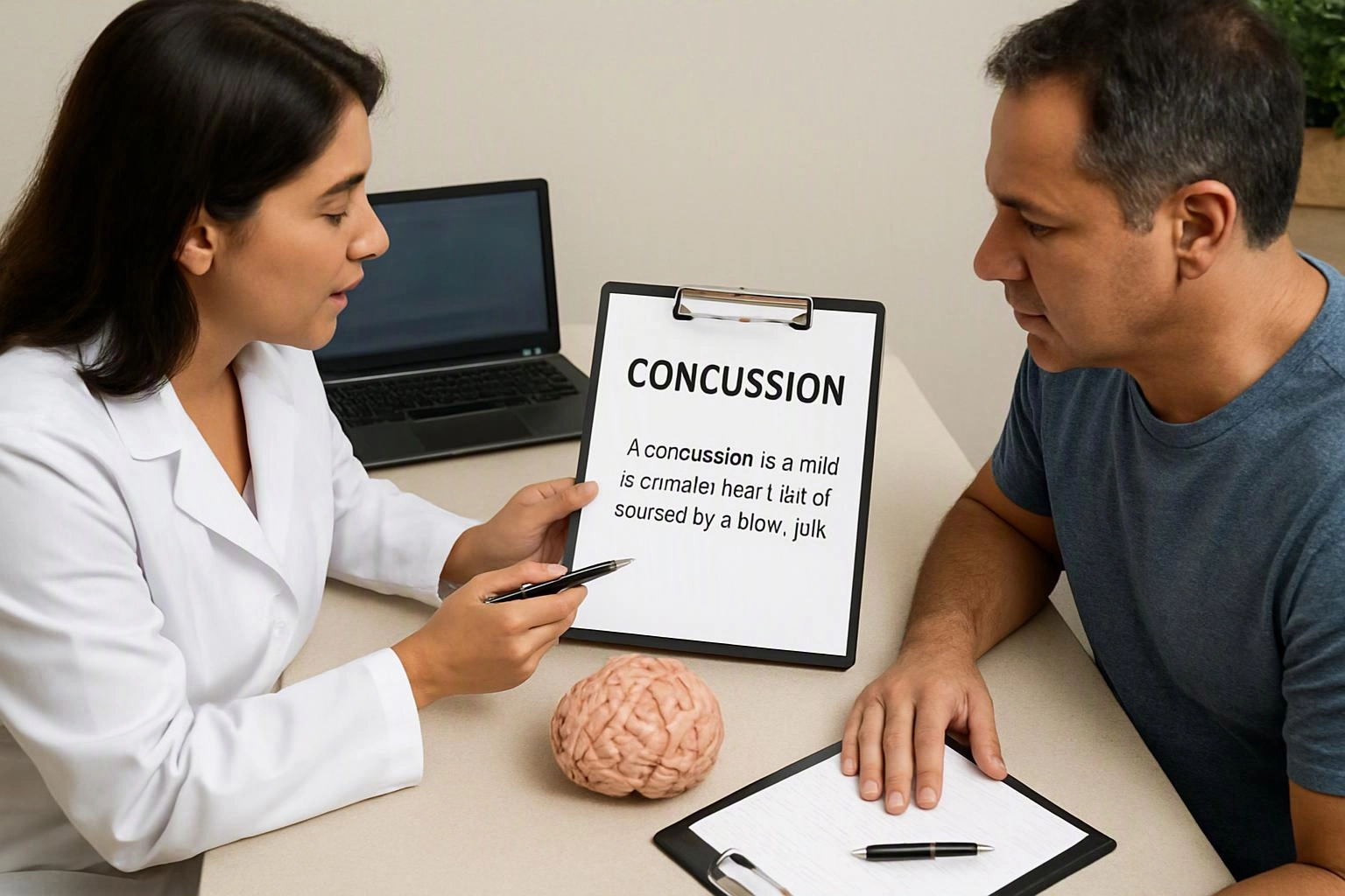 A doctor shows a concussion clipboard to a man across a desk, with a model brain and laptop nearby