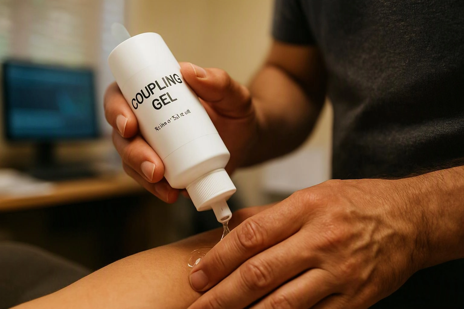 A person squeezes clear gel from a bottle onto someone’s skin in a dim room