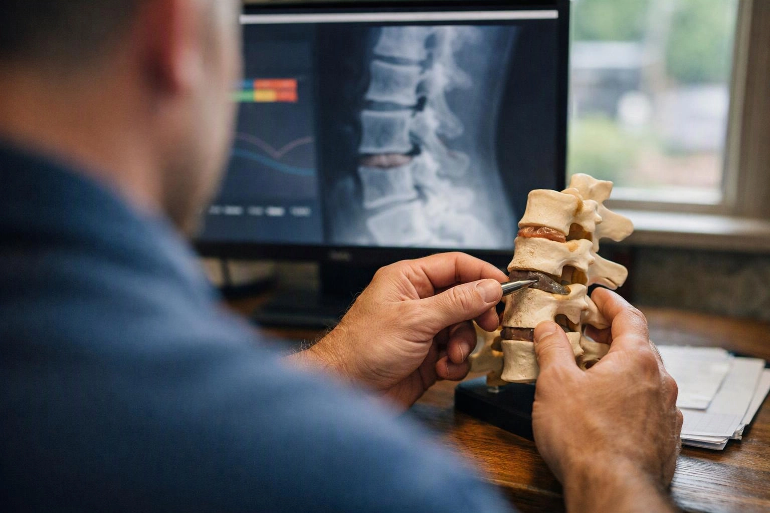 A person examines a spine model with a tool beside a monitor showing a back X-ray