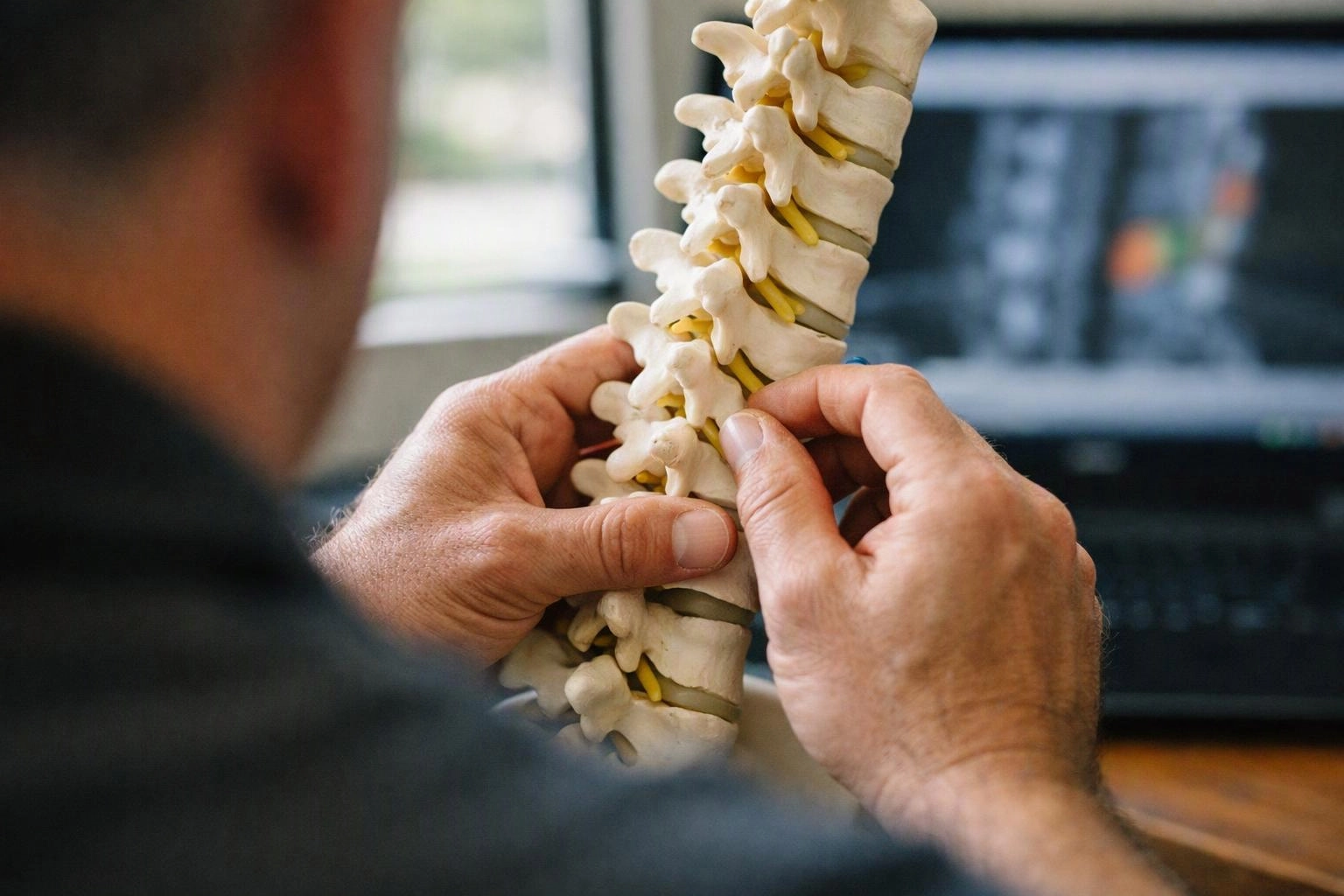 A person studies a spine model with both hands near a blurred computer screen in an office setting