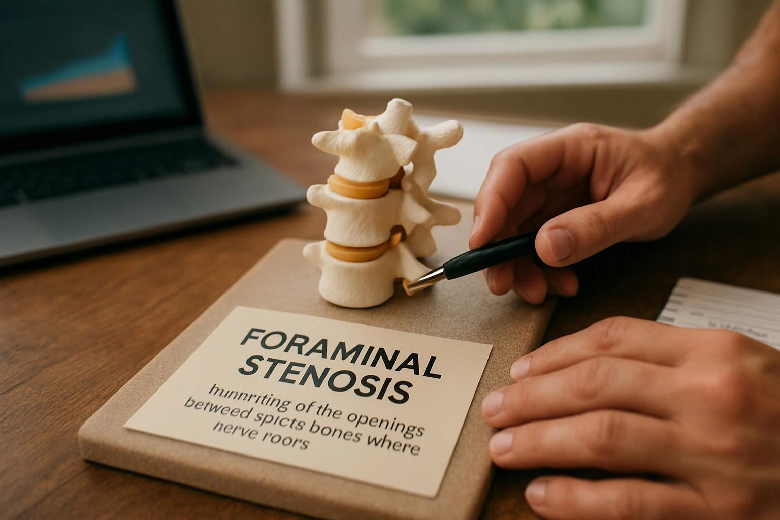 Hands point to a spine model on a desk, with a laptop and a card reading “FORAMINAL STENOSIS”