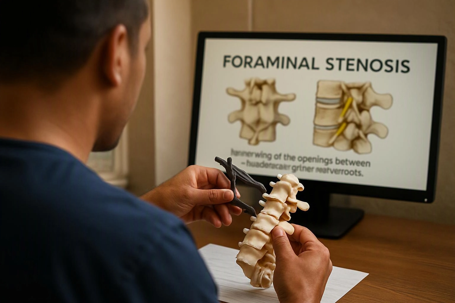 A person studies a spine model at a desk while a monitor shows a foraminal stenosis diagram