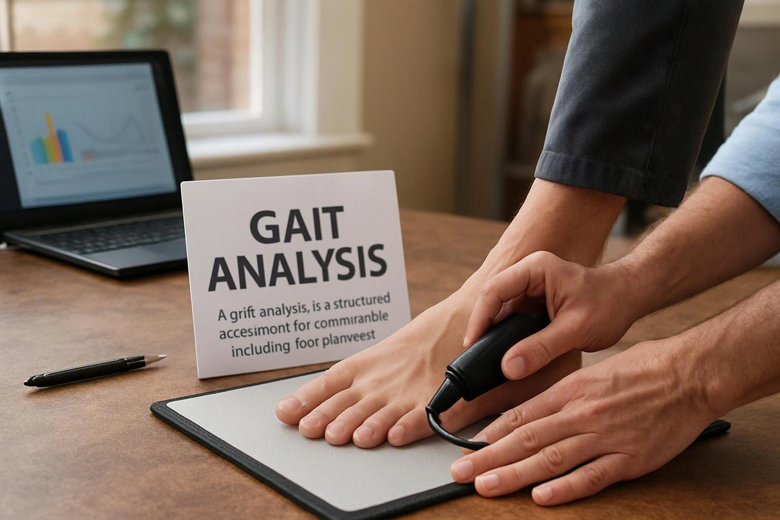 Hands hold a foot on a sensor pad beside a sign reading Gait Analysis and a laptop with charts