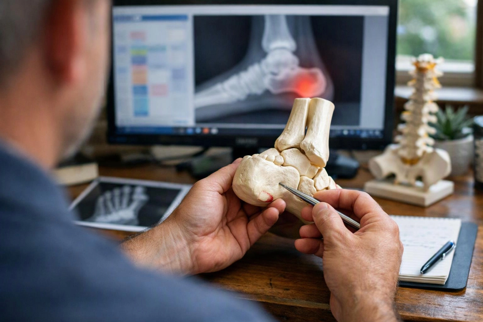 A person studies a foot bone model with tweezers beside a computer showing an ankle X-ray