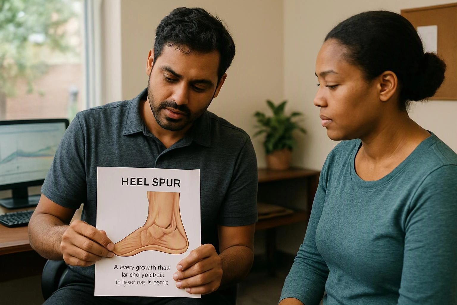 A man shows a heel spur diagram to a woman in a small office