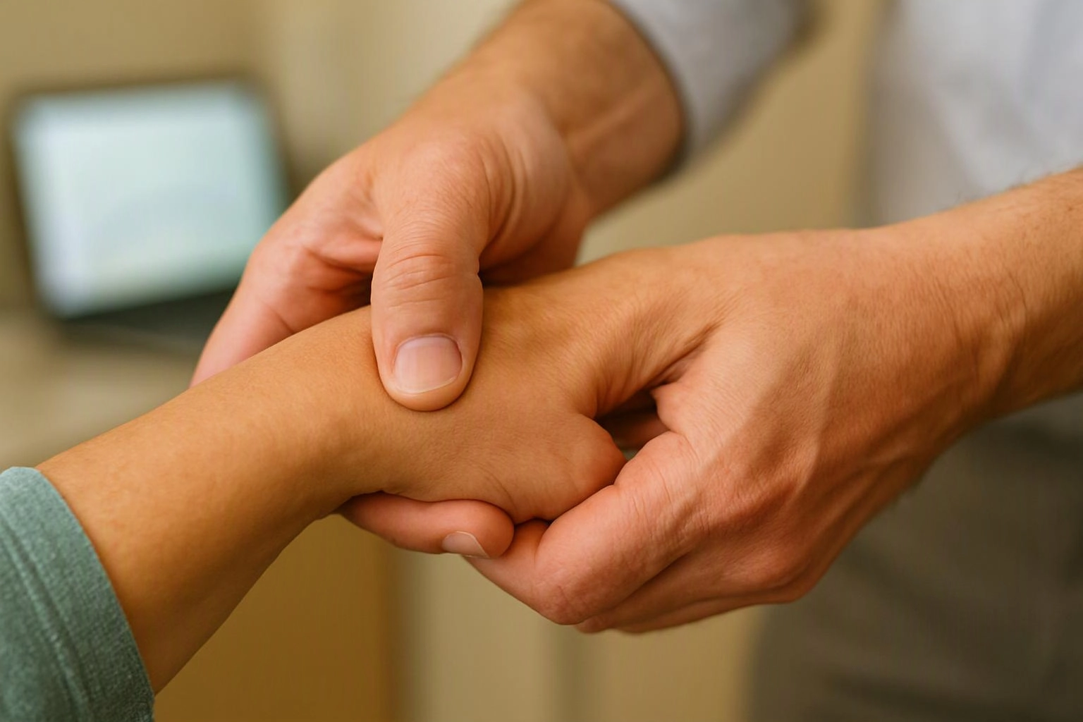 Two hands gently hold a wrist in a close-up indoor scene
