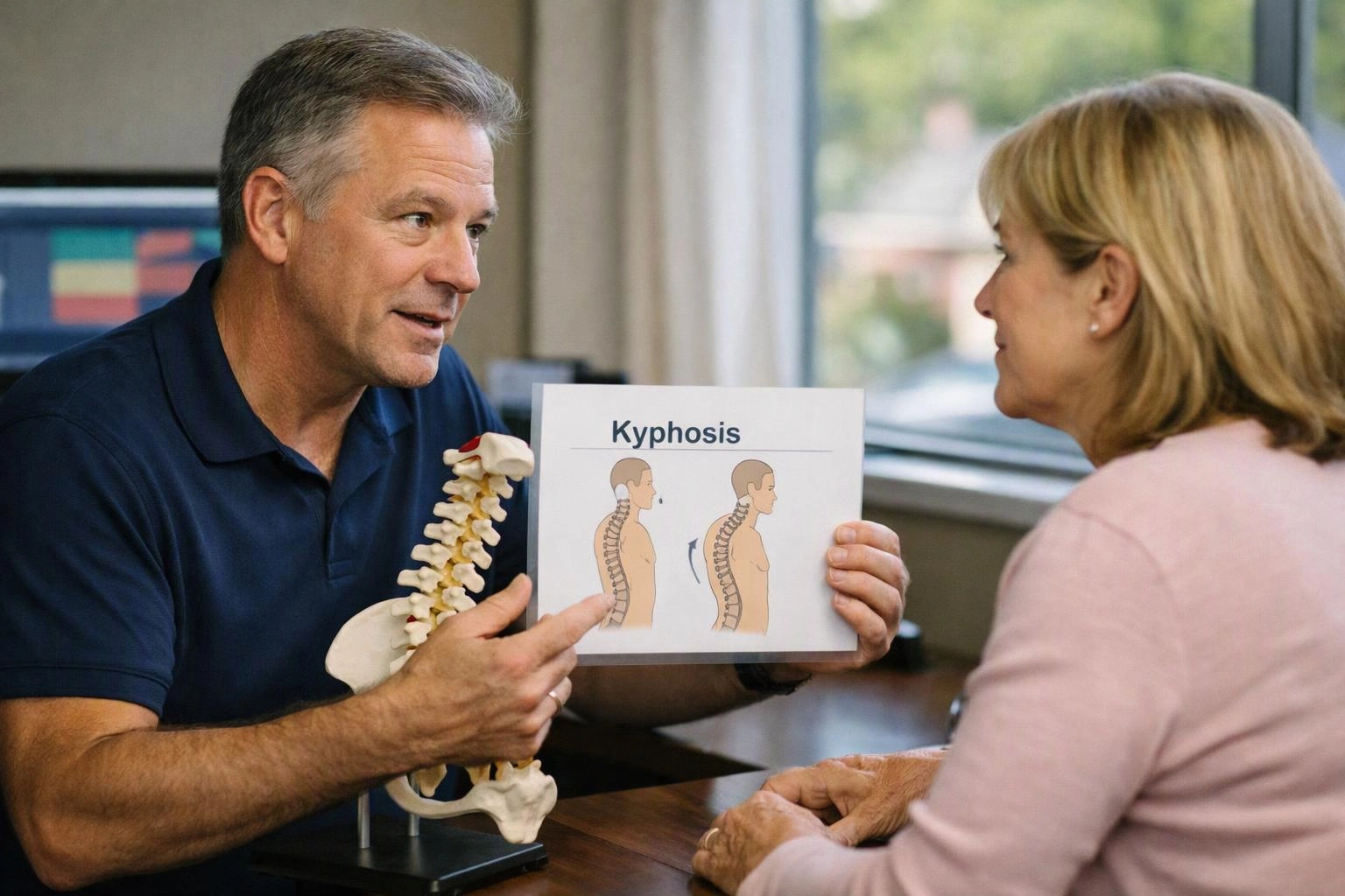 A man shows a spine model and a kyphosis diagram to a seated woman in a bright office